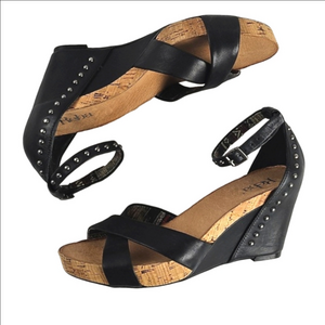 Reba Black Leather Studded Ankle Strap Platform Wedge Sandal